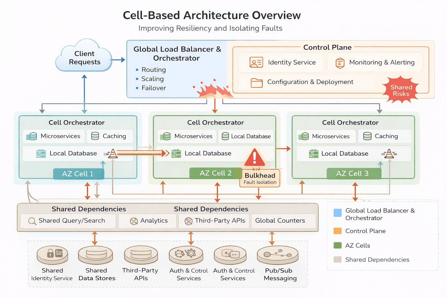 Diagram of a cell architecture: a routing layer on top distributes traffic to parallel cells; each cell contains its own services and data; a control plane sits off to the side handling tenant placement and cross-cell features.